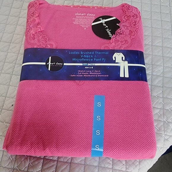 Planet Sleep Ladies Brushed Thermal V-Neck Microfleece PJ Set Pink Size 6-8 Lace - Picture 1 of 7